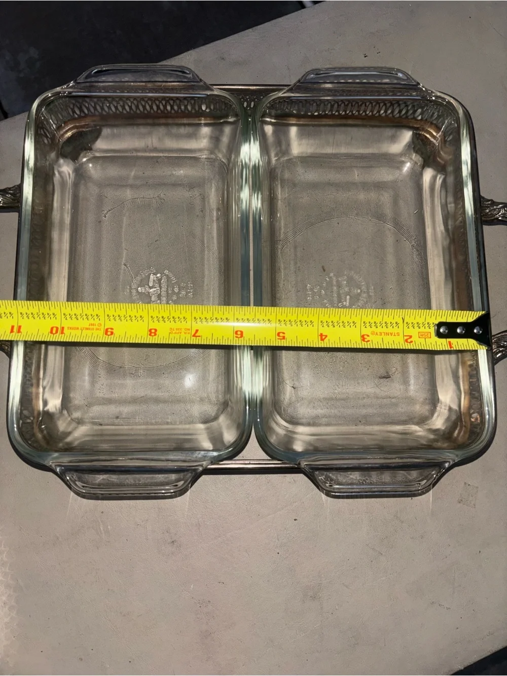 Vintage silver plated, serving tray footed with fire king bread pans